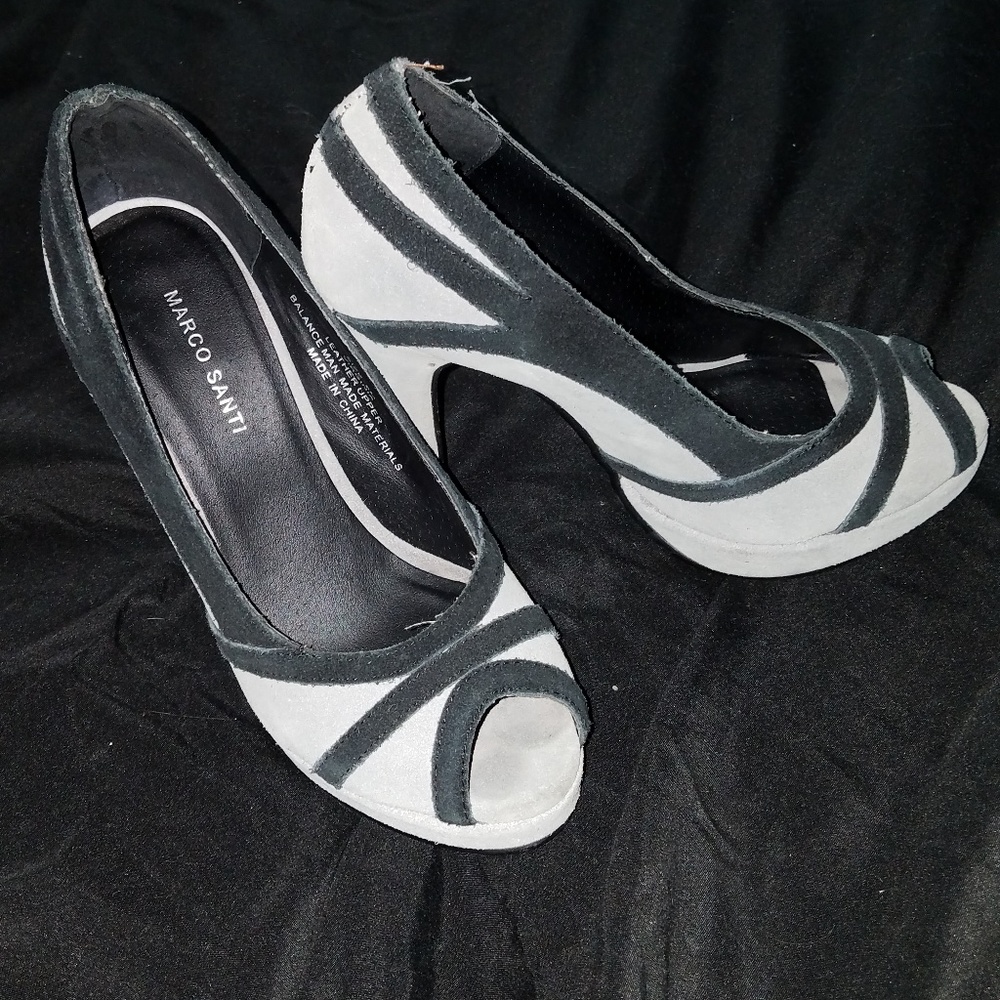 Black and grey suede heels
